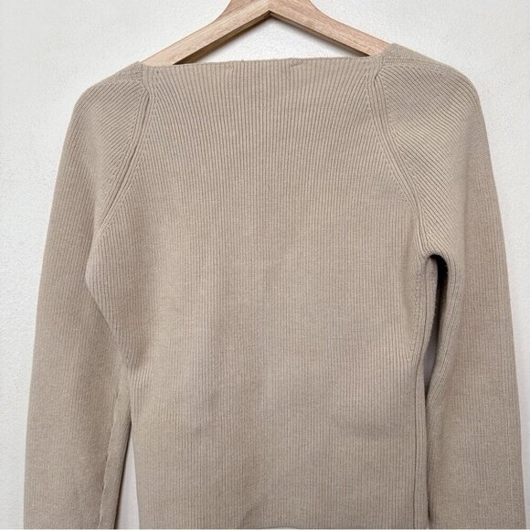 Zara Womens Large Square Neck Ribbed Wool Sweater In Tan Color - Picture 12 of 14
